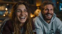 Happy young Caucasian couple laughing together in cozy indoor setting with warm bokeh lights creating romantic atmosphere for lifestyle content.