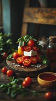 Fresh cherry tomatoes and feta cheese on rustic wooden board with basil leaves and sea salt. Dark moody food photography with natural lighting.