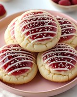 Soft sugar cookies topped with red jam and white icing drizzle, sprinkled with pearl decorations on pink plate for holiday baking and dessert concepts.