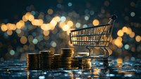 Shopping cart with stacked coins against blurred bokeh lights background, representing e-commerce, retail business and consumer spending trends.
