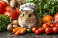 Adorable hamster in chef hat surrounded by fresh vegetables and herbs on rustic wooden table, funny cooking concept for kitchen decor and food blogs.