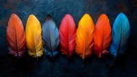 Vibrant colorful feathers arranged in row on dark blue textured background. Red, orange, yellow and blue plumes creating rainbow spectrum composition for spiritual concepts.