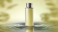 Elegant cosmetic bottle with metallic cap standing in rippling water against soft yellow background, creating luxurious spa atmosphere for beauty product advertising.