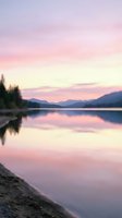 Serene alpine lake at dawn with pink and purple sky reflecting on calm water, surrounded by evergreen trees and distant mountains, peaceful nature landscape.