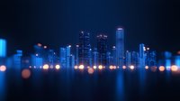 Modern city skyline silhouette with glowing blue neon lights reflecting on water surface, blurred bokeh lights in foreground creating dreamy urban nightscape atmosphere.