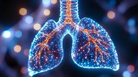 Glowing blue and orange human lungs with network connections on dark background with bokeh lights, representing medical technology and respiratory health.