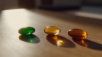 Colorful glass pebbles in green, amber and brown casting long shadows on wooden surface in warm sunlight, creating minimalist composition with soft focus.