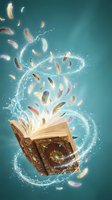 Open ancient book with magical feathers floating in swirling light streams against turquoise background for fantasy storytelling and education concepts.