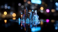 Futuristic glowing cityscape with neon blue skyscrapers reflecting on mirror surface against blurred bokeh lights background, modern urban concept.