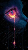 Mystical cat eye with cosmic galaxy pattern emitting glowing tear drop against starry night background, creating magical light trail effect in purple and blue tones.