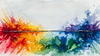 Abstract watercolor explosion with vibrant rainbow colors bursting from center line creating dynamic paint splash effect on white background.