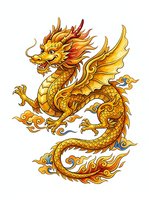 Golden dragon with flowing mane and scaled body in traditional Asian style, isolated on white background for design, print and decoration use.