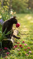 Adorable black kitten smelling red tulip in spring garden with scattered flower petals on green grass and blooming flowers in soft natural light.