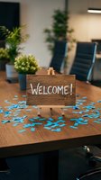 Wooden welcome sign on easel with blue confetti scattered on conference table in modern office meeting room with plants and chairs.