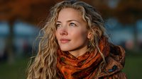 Thoughtful blonde woman with curly hair wearing orange scarf gazing upward during golden hour sunset, expressing hope and contemplation for lifestyle content.