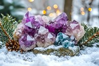 Purple amethyst crystal cluster with blue fluorite on snowy ground surrounded by pine branches and golden bokeh lights creating magical winter atmosphere.