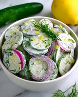 Fresh cucumber salad with creamy dressing, sliced red onions and dill garnish in white ceramic bowl, served with lemon. Bright healthy appetizer.