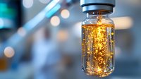 Glowing glass bottle with magical sparkles and golden light particles floating inside against blurred bokeh background, creating mystical atmosphere.