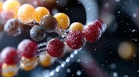 Frozen berries covered in frost and ice crystals against dark background with bokeh lights, macro photography showing detailed texture of winter fruit.