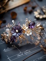 Elegant bridal hair accessory with purple and ivory flowers, crystal details, and gold leaves resting on sheet music. Perfect for wedding accessories and jewelry.