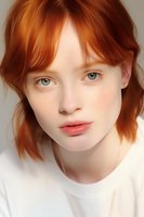 Young woman with natural red hair, green eyes, and freckles wearing minimal makeup and white top, looking directly at camera with serene expression. Soft studio lighting.