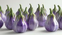 Fresh striped purple and white eggplants arranged in row on light background, organic farm vegetables with green stems showing natural texture and pattern.