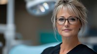 Mature woman with blonde hair and glasses wearing black top in modern office environment, professional portrait.