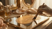 Makeup artist applying liquid foundation with brush on wooden palette, professional cosmetics application and beauty preparation setup.