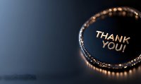 Elegant golden "THANK YOU" text in circular frame with glowing rim against dark blue background, perfect for appreciation messages.