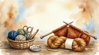 Knitting and crochet supplies arranged with yarn balls, needles, and scissors in wicker baskets on neutral background for crafting projects.