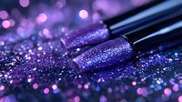 Sparkling purple nail polish bottles with scattered glitter against dark background, creating magical bokeh effect for beauty and cosmetic marketing.