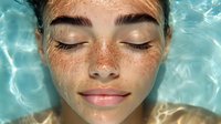 Young woman with freckles and closed eyes floating in turquoise pool water, expressing serenity and relaxation. Natural beauty and wellness concept captured in summer light.