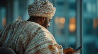 Middle Eastern man in traditional ornate turban and robe using smartphone in modern urban setting with bokeh city lights background for business technology concepts.