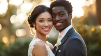 Happy interracial couple in elegant wedding attire smiling at camera during golden hour outdoor ceremony with soft bokeh background lighting.