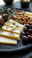 Gourmet cheese platter with sliced aged cheese, marinated olives, walnuts and fresh rosemary sprigs served on dark plate, close up view for restaurant menu.
