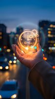 Hand holding glowing clock with gears against blurred city skyline at dusk, representing time management, productivity, and business efficiency concepts.