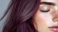 Close up portrait of young woman with purple hair, freckles and natural makeup showing closed eyes and serene expression against light background.