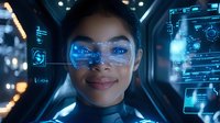 Young Asian woman wearing futuristic augmented reality glasses with holographic interface display, digital technology concept in blue tones, cyberpunk style setting.