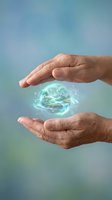 Protective hands surrounding glowing holographic Earth with digital network connections symbolizing environmental conservation and global responsibility.