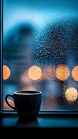 Steaming coffee cup on windowsill with raindrops and warm bokeh lights creating cozy atmosphere for relaxation and comfort concepts.