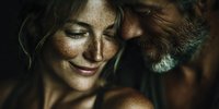 Intimate portrait of mature Caucasian couple embracing with warm lighting showing love and connection between middle-aged partners in romantic moment.