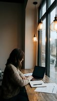 Young woman working on laptop at wooden table by window with pendant lights in modern cafe interior for remote work and productivity.