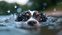 Australian shepherd dog swimming in water with only eyes and nose visible above surface, surrounded by splashing droplets and bokeh effect in background.