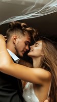 Romantic couple in intimate embrace with flowing smoke effect above, bride in white dress and groom in black suit share tender moment during wedding celebration.