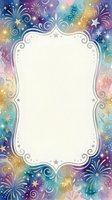 Ornate decorative frame with colorful gradient watercolor background featuring fireworks, stars, and swirls in rainbow hues. Isolated on white space for invitations, cards, posters.