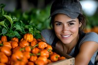Young Hispanic female farmer smiling while holding wooden crate of fresh orange habanero peppers at local organic farm, wearing casual gray cap and t-shirt.