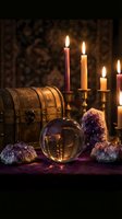 Mystical fortune telling setup with crystal ball, amethyst geodes, burning candles and vintage wooden chest creating atmospheric divination scene for spiritual practices.