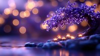 Magical purple bonsai tree with glowing branches against blurred bokeh lights, reflecting on water surface with stones creating dreamy atmosphere.