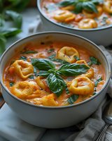 Creamy tomato tortellini soup garnished with fresh basil leaves in gray ceramic bowl, served on marble surface with natural lighting and soft shadows.