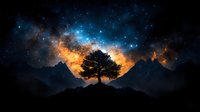 Lone tree silhouette against cosmic nebula and starry night sky over mountain landscape with glowing orange and blue celestial backdrop for fantasy artwork.